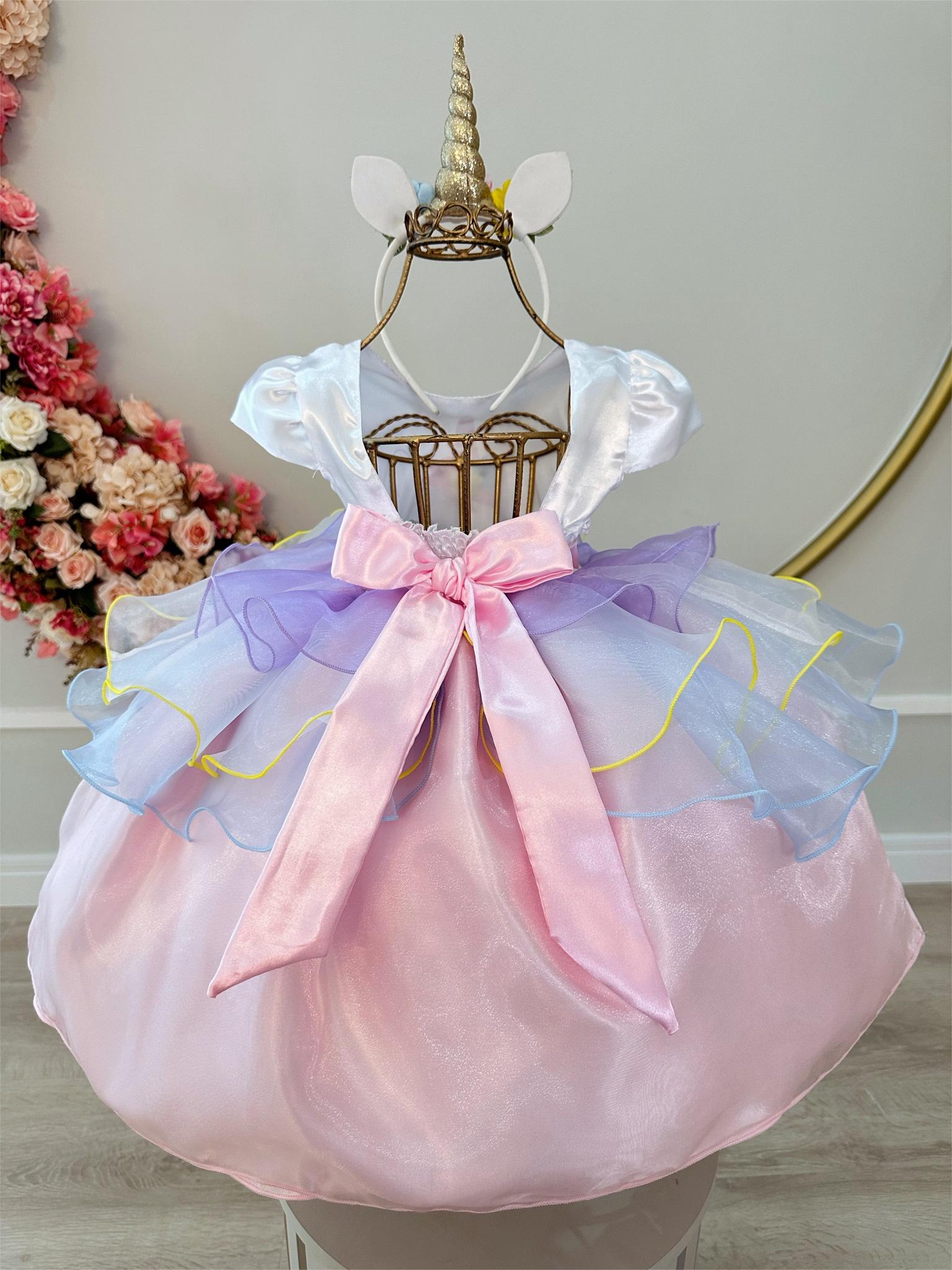 Vestido Infantil Unicórnio Colorido Luxo Festa