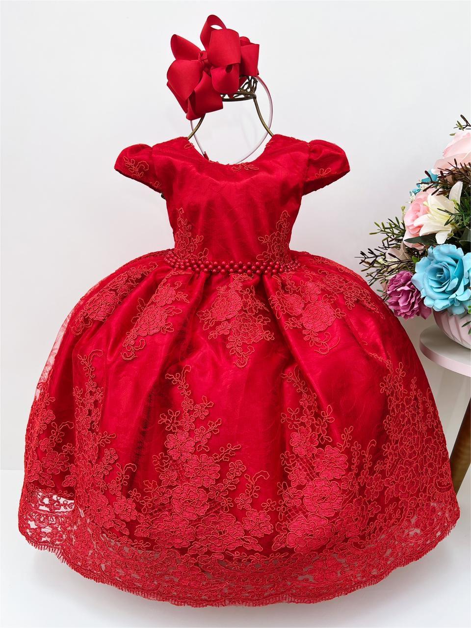 Vestido Infantil Vermelho Renda Realeza Cinto Pérolas Luxo