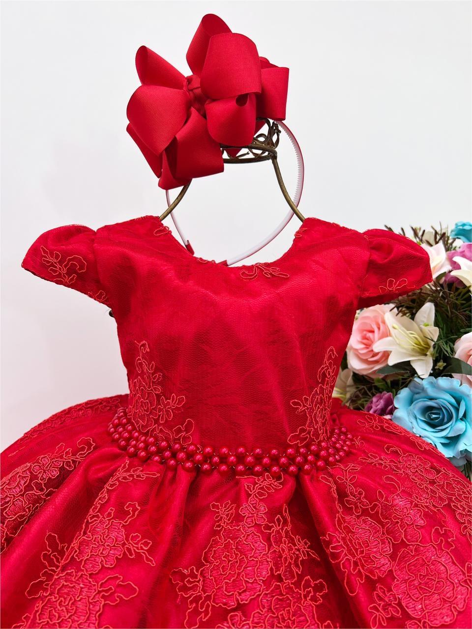 Vestido Infantil Vermelho Renda Realeza Cinto Pérolas Luxo