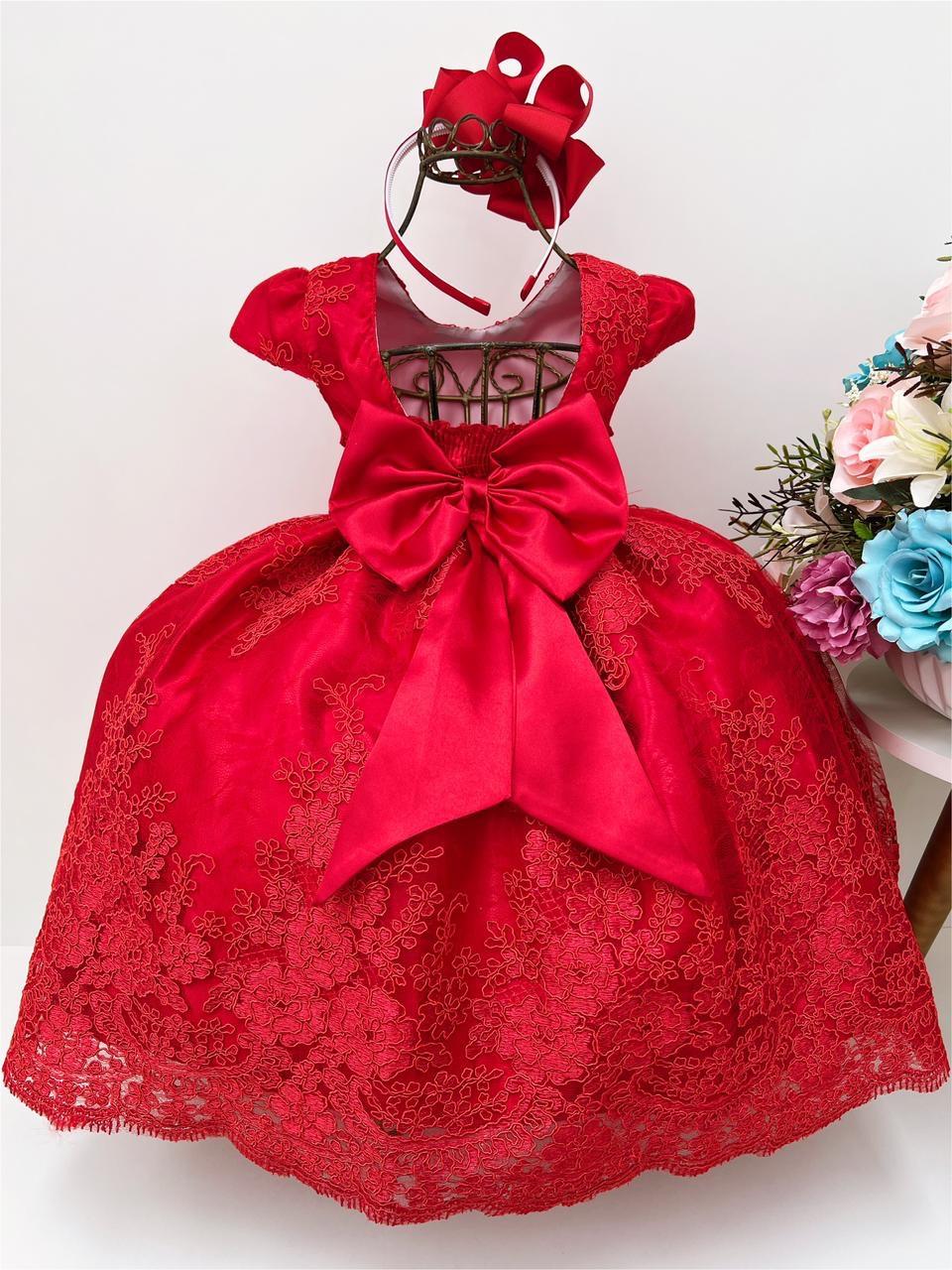 Vestido Infantil Vermelho Renda Realeza Cinto Pérolas Luxo