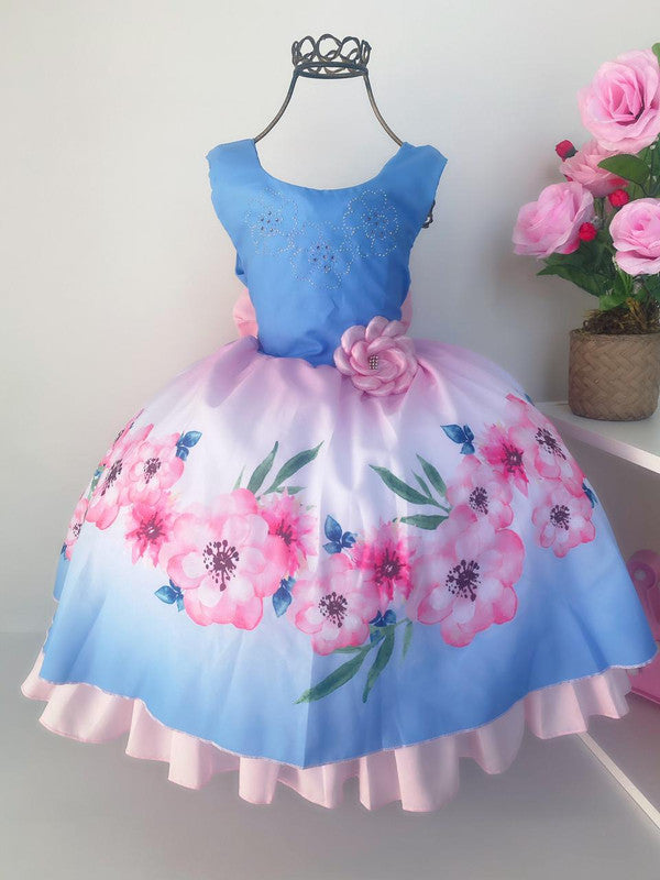 Vestido Infantil Azul e Rosa Floral com Strass no Peito