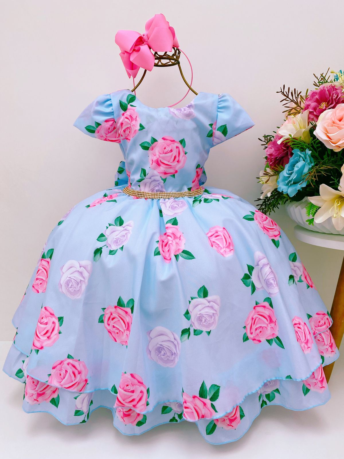 Vestido Infantil Azul Flores Rosas Lilás Cinto Strass Luxo