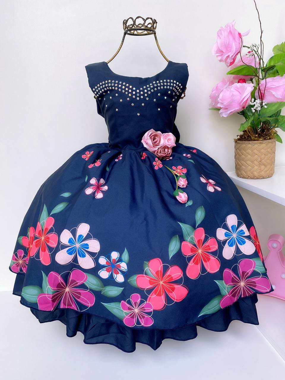 Vestido Infantil Azul Marinho Floral Aplique Flor Luxo