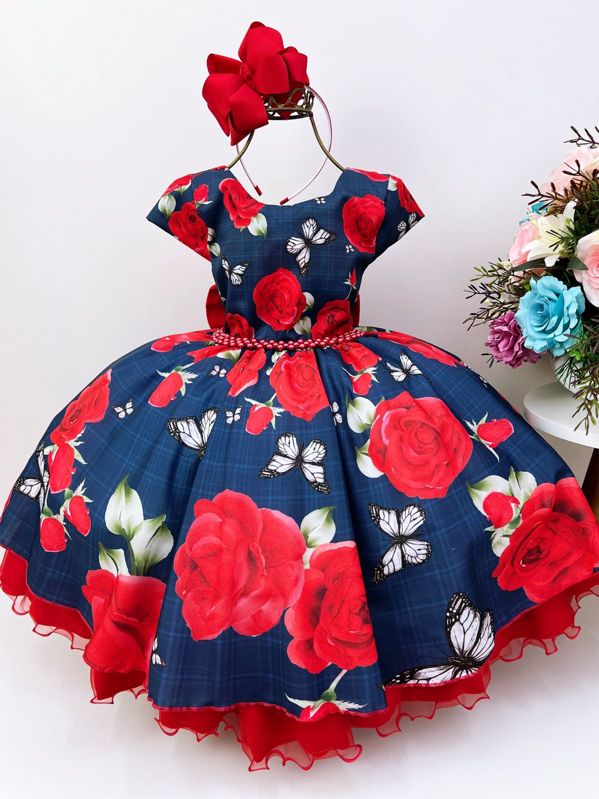 Vestido Infantil Azul Rosas Vermelhas com Cinto Pérolas