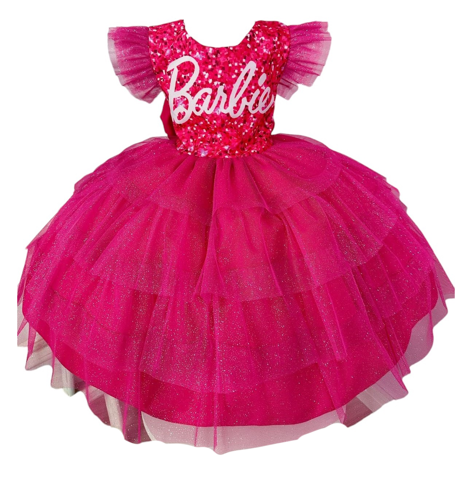 Vestido infantil Barbie Pink Babados Glitter Brilho luxo