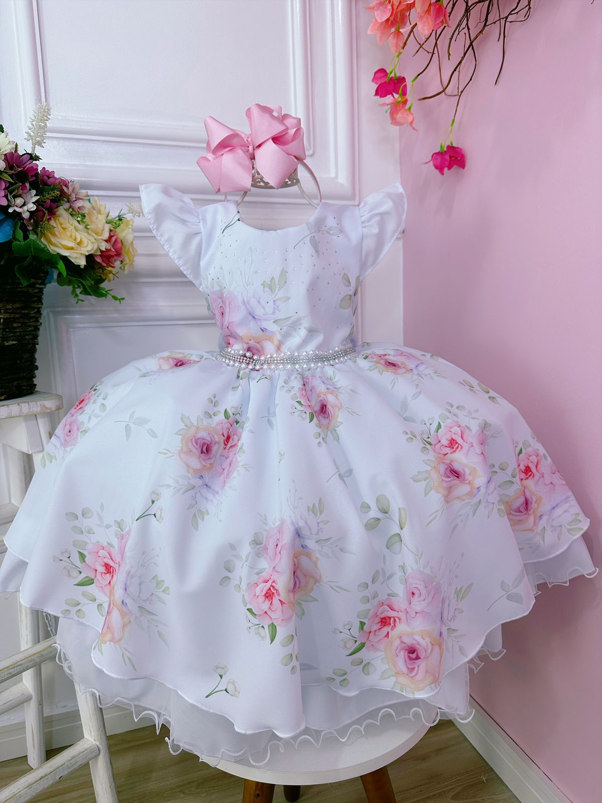 Vestido Infantil Branco Flores de Rosas e Peito C/ Strass