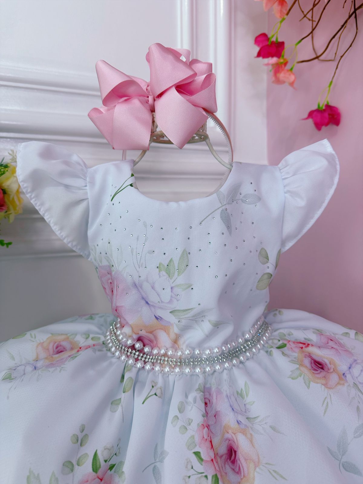 Vestido Infantil Branco Flores de Rosas e Peito C/ Strass