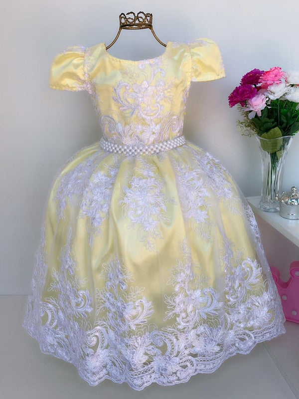 Vestido Infantil Amarelo Renda Branca Realeza Luxo Pérolas