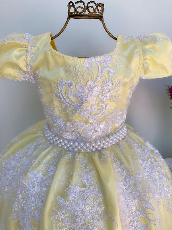 Vestido Infantil Amarelo Renda Branca Realeza Luxo Pérolas