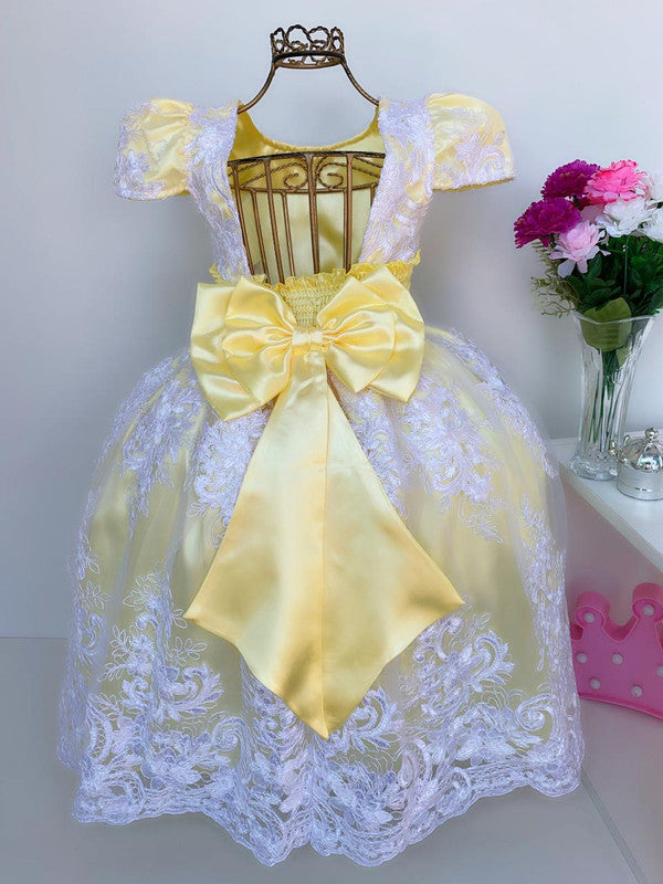 Vestido Infantil Amarelo Renda Branca Realeza Luxo Pérolas