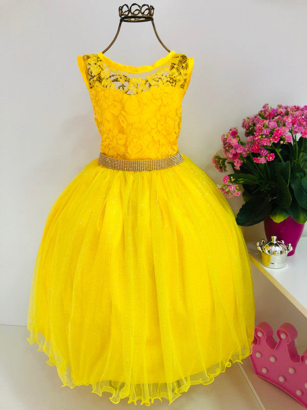 Vestido Infantil Amarelo Renda e Tule com Brilho Damas Luxo