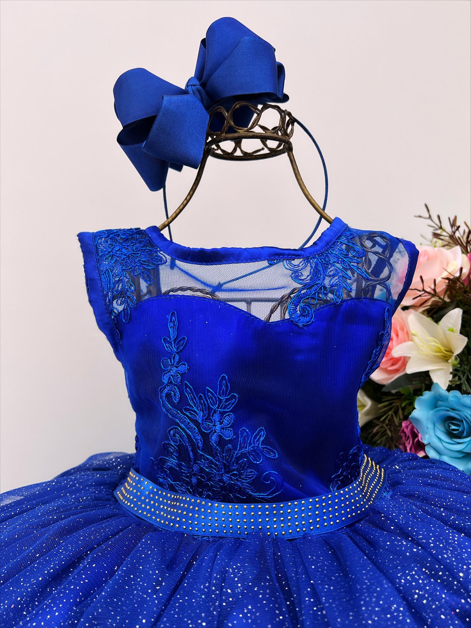Vestido Infantil Azul Royal Renda Metalizada Brilho Damas