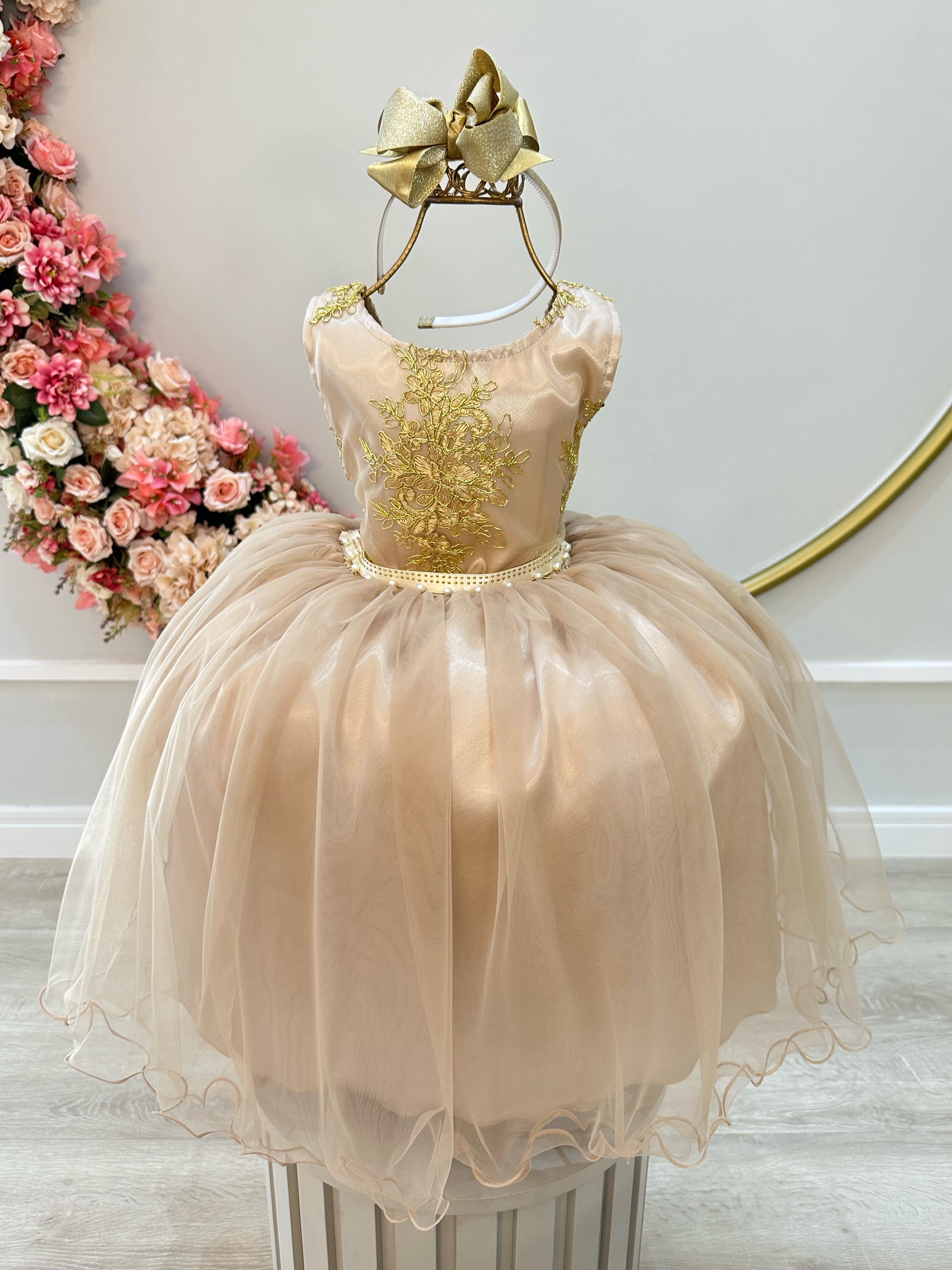 Vestido Infantil Dourado C/ Renda Metalizada Festas Daminhas