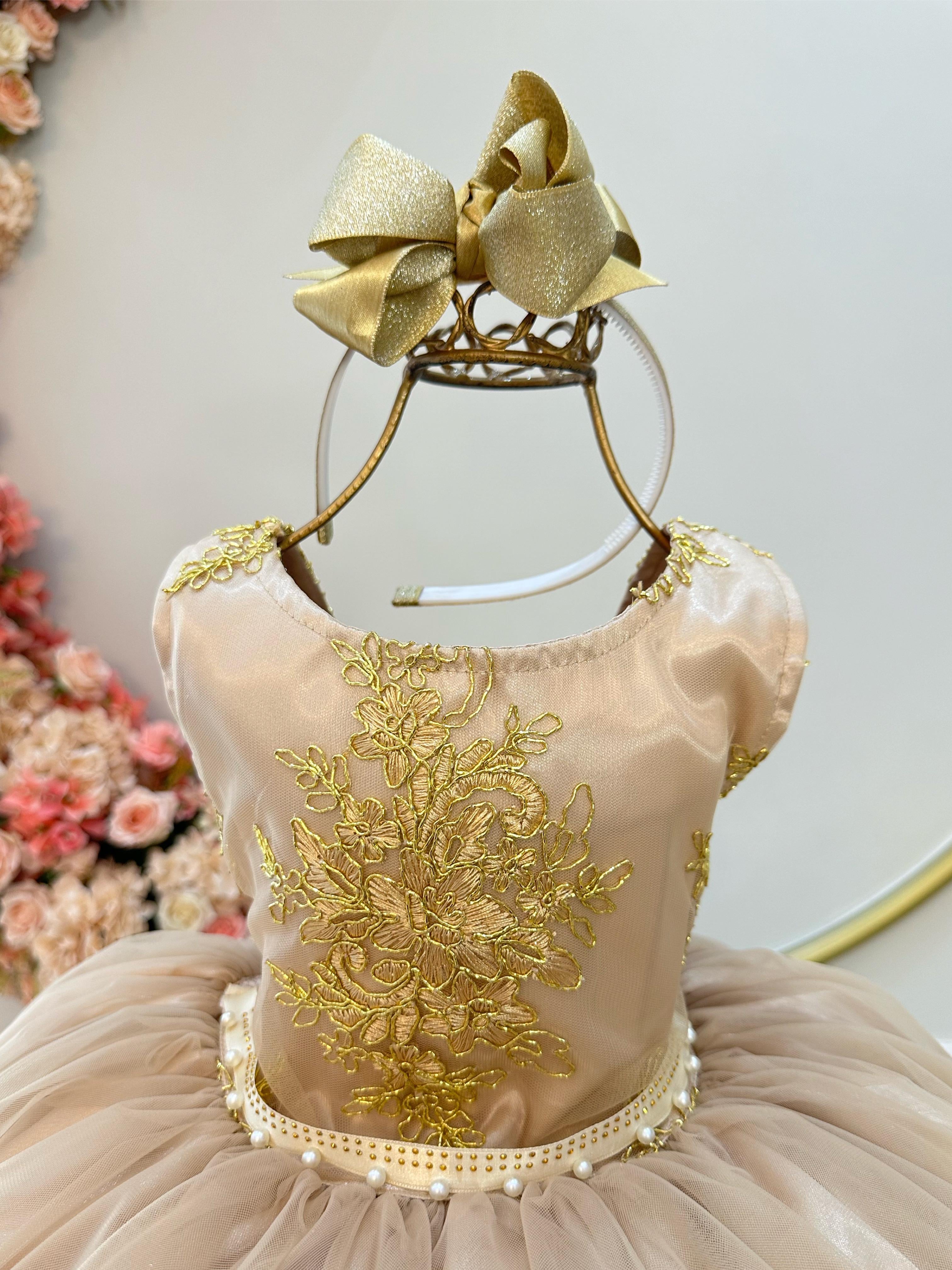 Vestido Infantil Dourado C/ Renda Metalizada Festas Daminhas