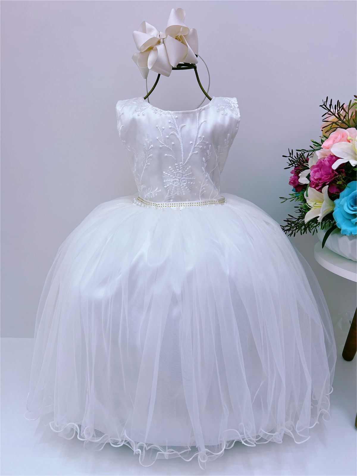 Vestido Infantil Off Renda Cinto Com Pérolas Strass