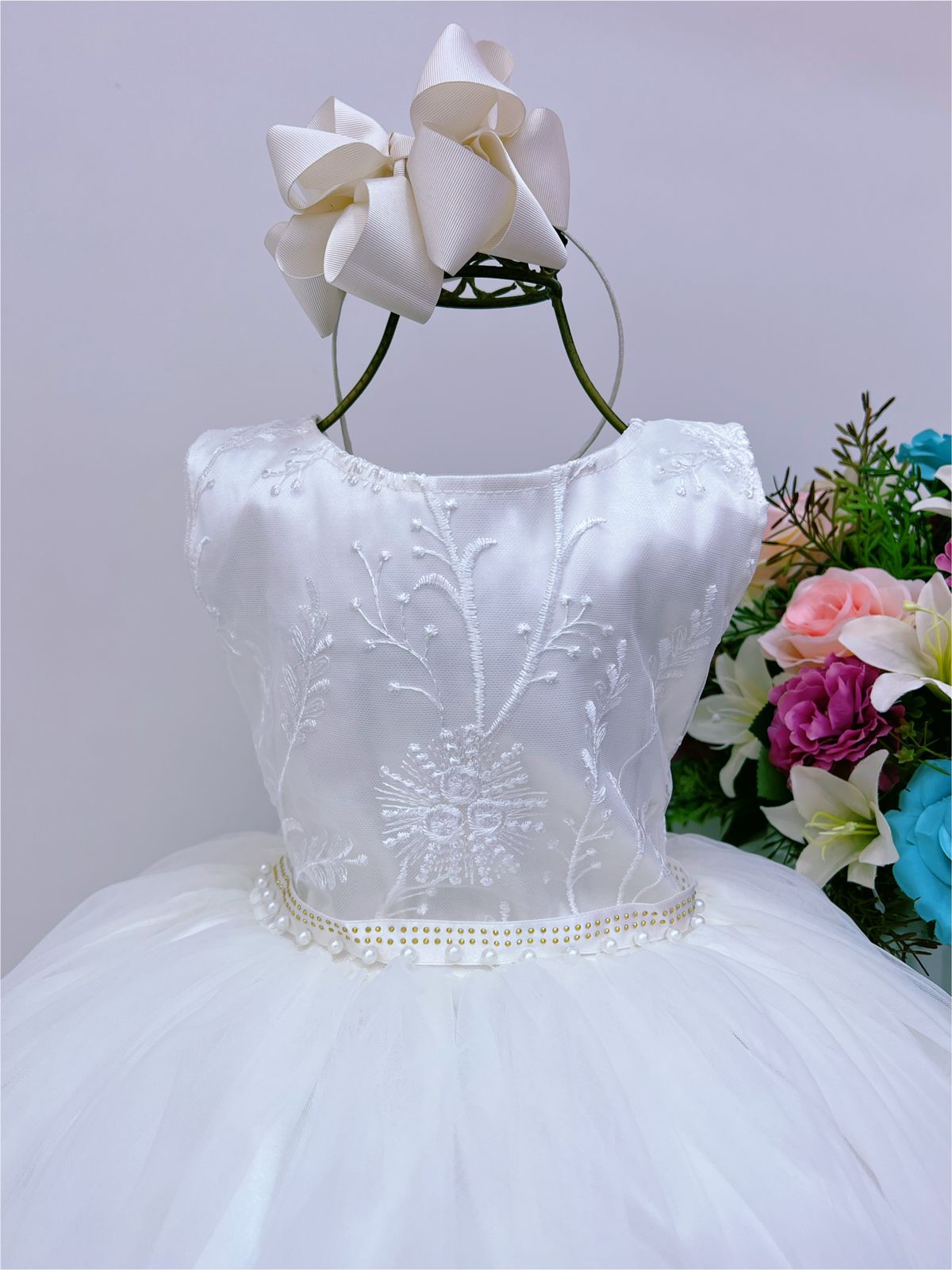 Vestido Infantil Off Renda Cinto Com Pérolas Strass