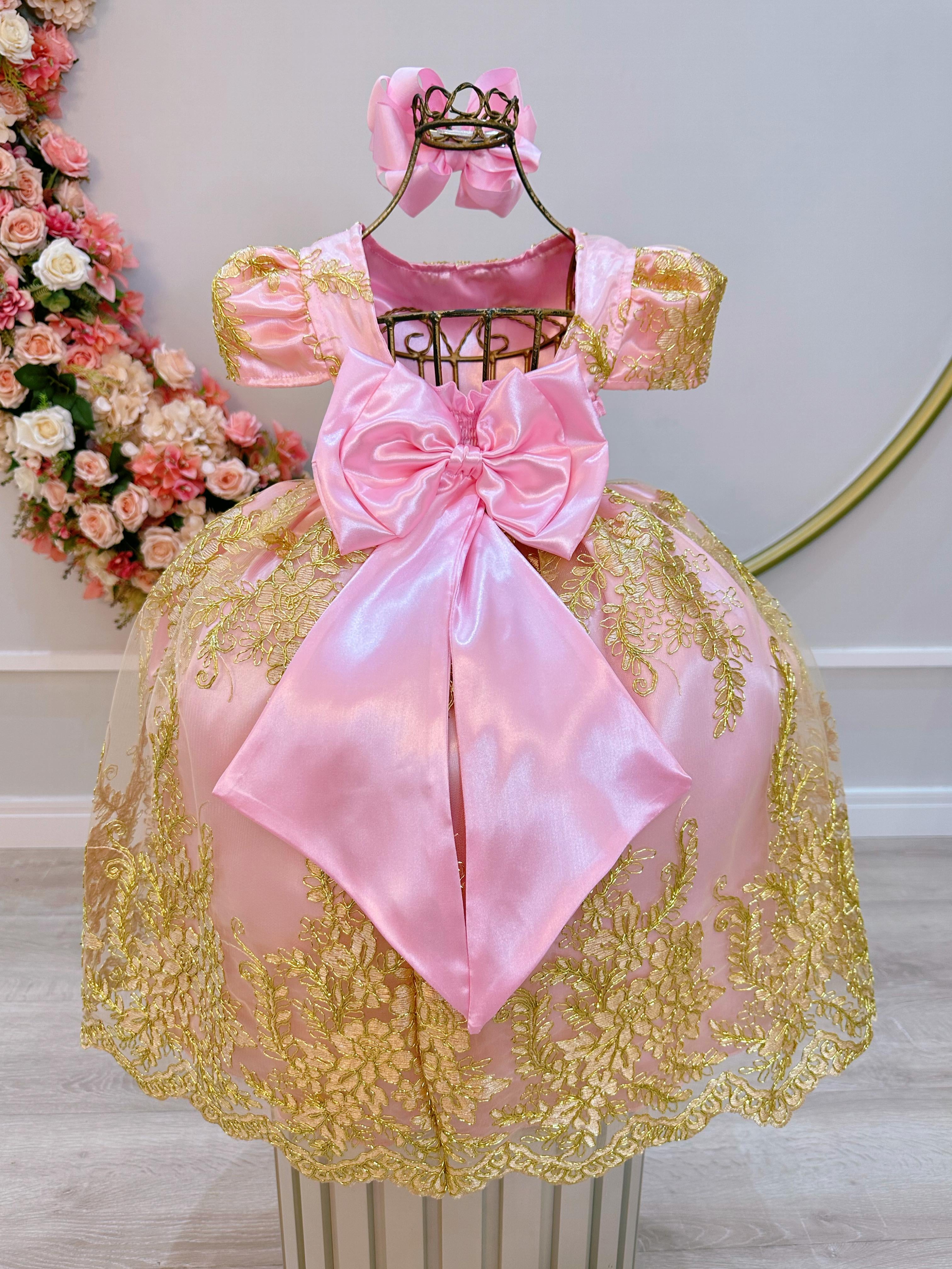 Vestido Infantil Rosa Com Renda Realeza Dourada e Pérolas