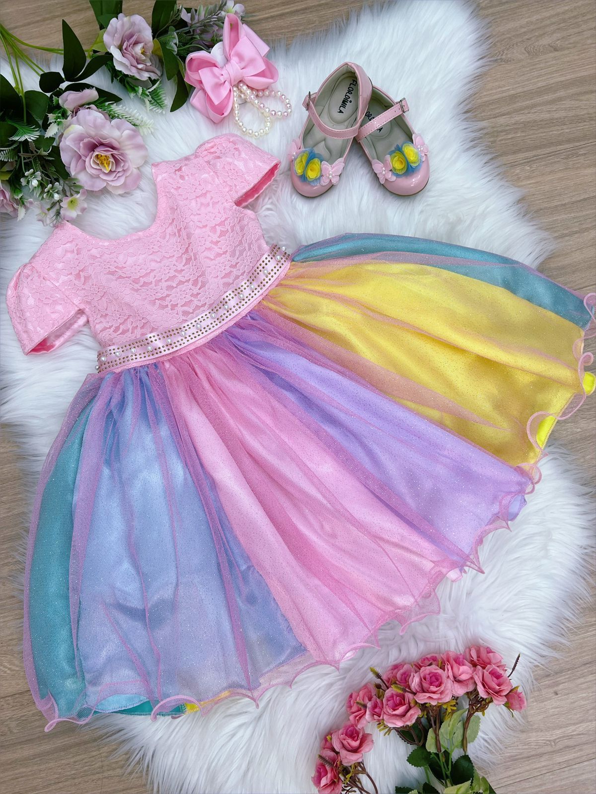 Vestido Infantil Unicórnio Chuva de Amor Arco Iris Festas