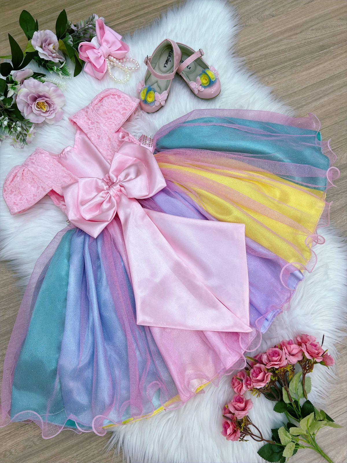 Vestido Infantil Unicórnio Chuva de Amor Arco Iris Festas
