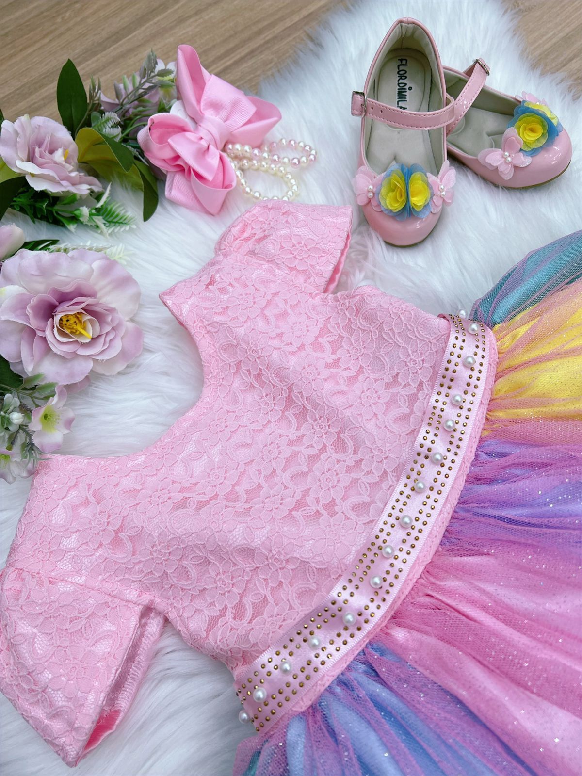 Vestido Infantil Unicórnio Chuva de Amor Arco Iris Festas