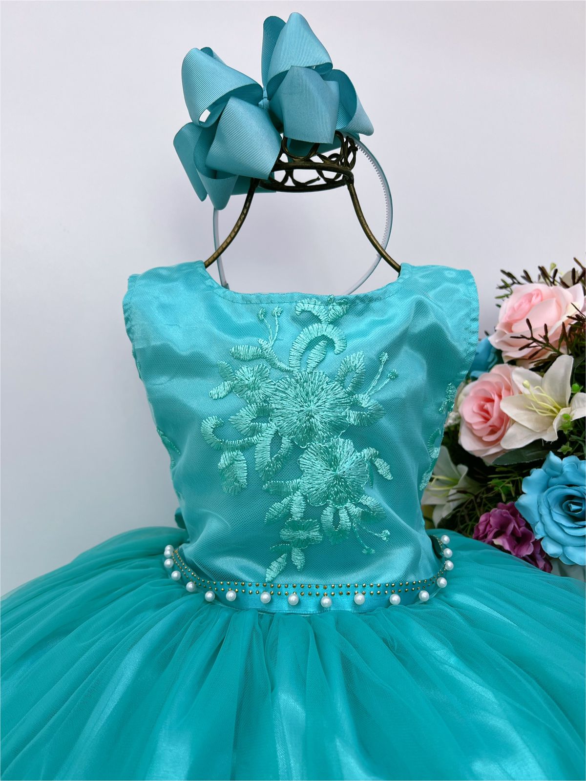Vestido Infantil Verde Damas de Honra e Cinto Strass Pérola