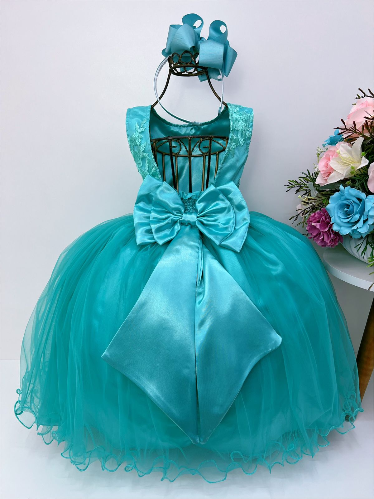Vestido Infantil Verde Damas de Honra e Cinto Strass Pérola
