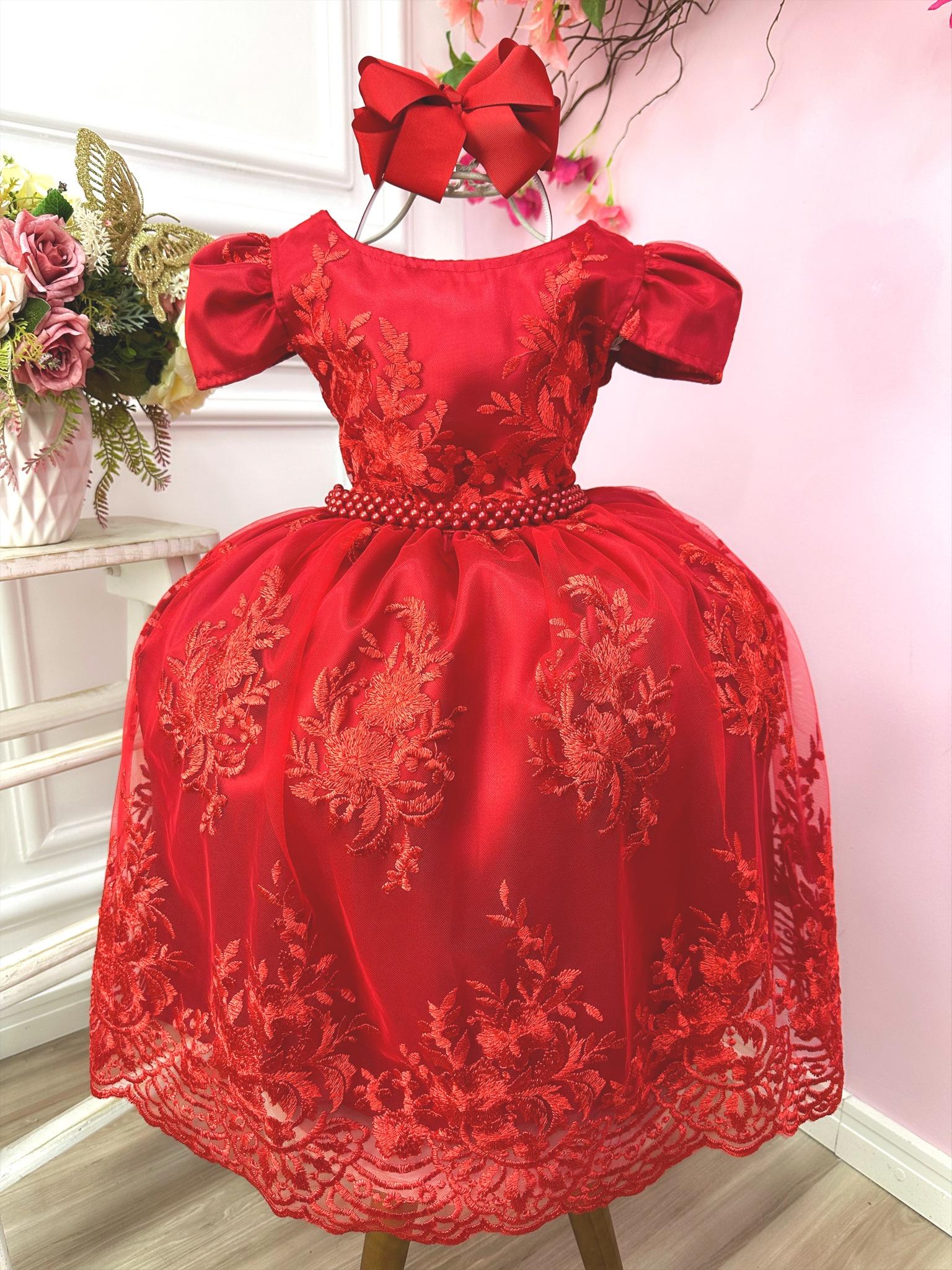 Vestido Infantil Vermelho Com Renda Realeza Cinto de Pérolas