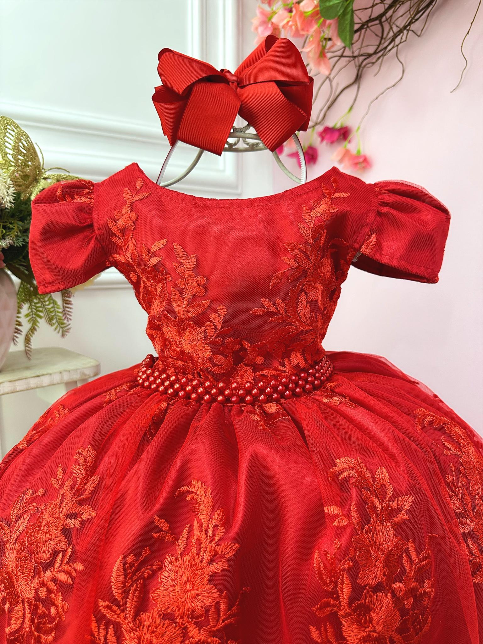 Vestido Infantil Vermelho Com Renda Realeza Cinto de Pérolas
