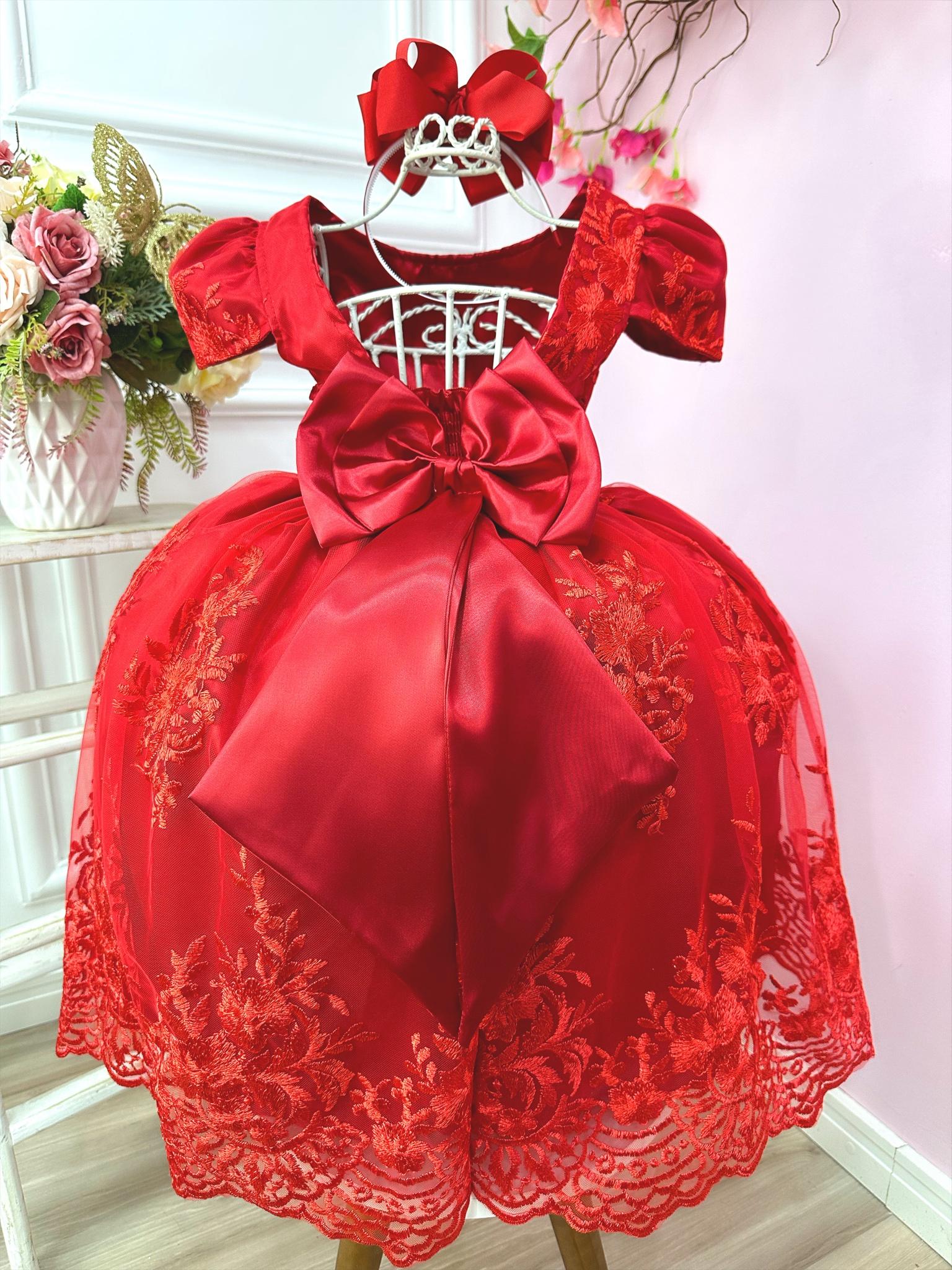 Vestido Infantil Vermelho Com Renda Realeza Cinto de Pérolas