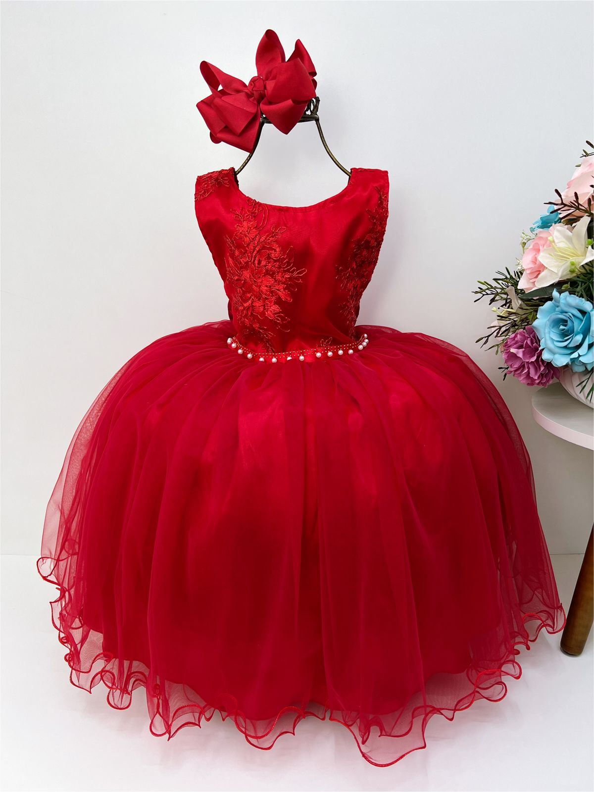 Vestido Infantil Vermelho Damas de Honra Cinto Strass Pérola