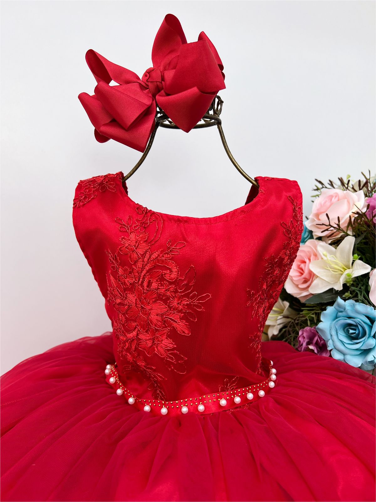 Vestido Infantil Vermelho Damas de Honra Cinto Strass Pérola