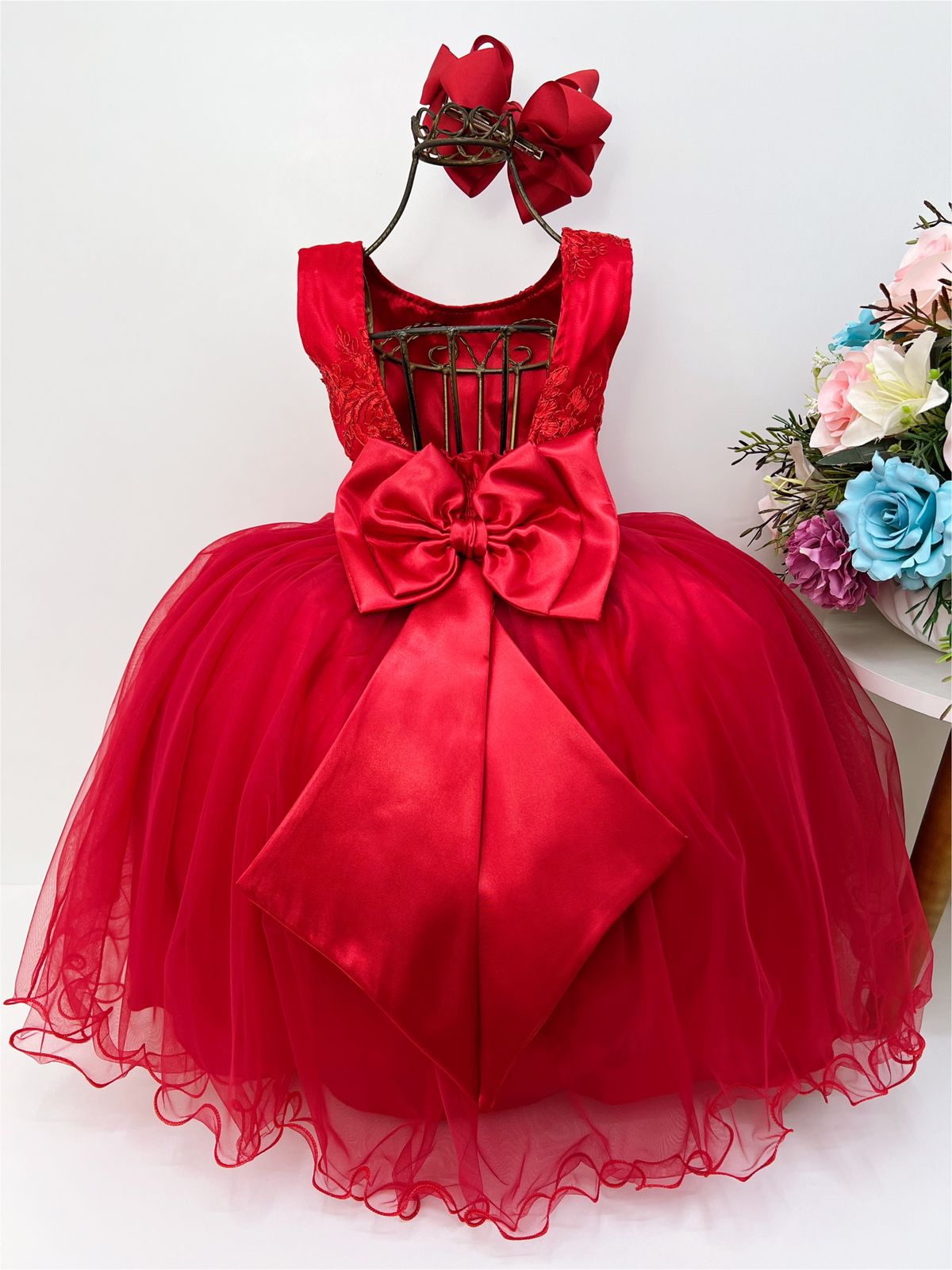 Vestido Infantil Vermelho Damas de Honra Cinto Strass Pérola