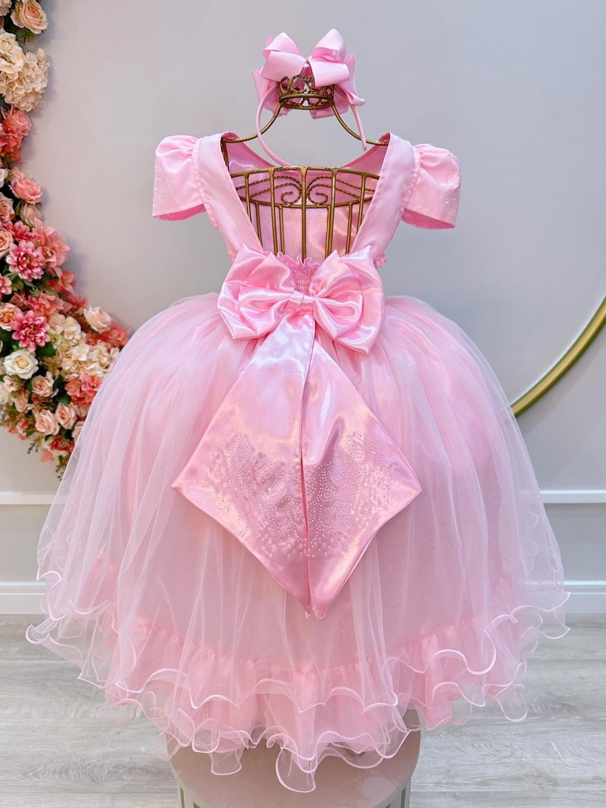 Vestido Infantil Rosa Damas Brilho Luxo Mangas