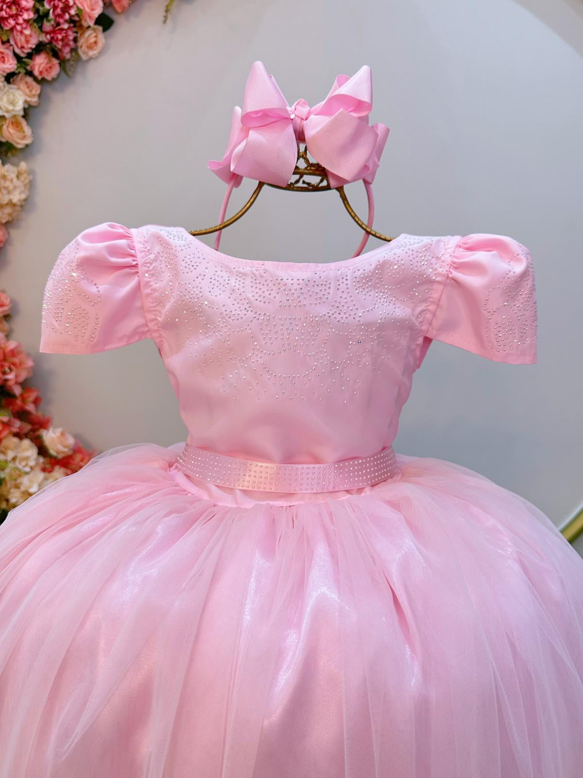 Vestido Infantil Rosa Damas Brilho Luxo Mangas