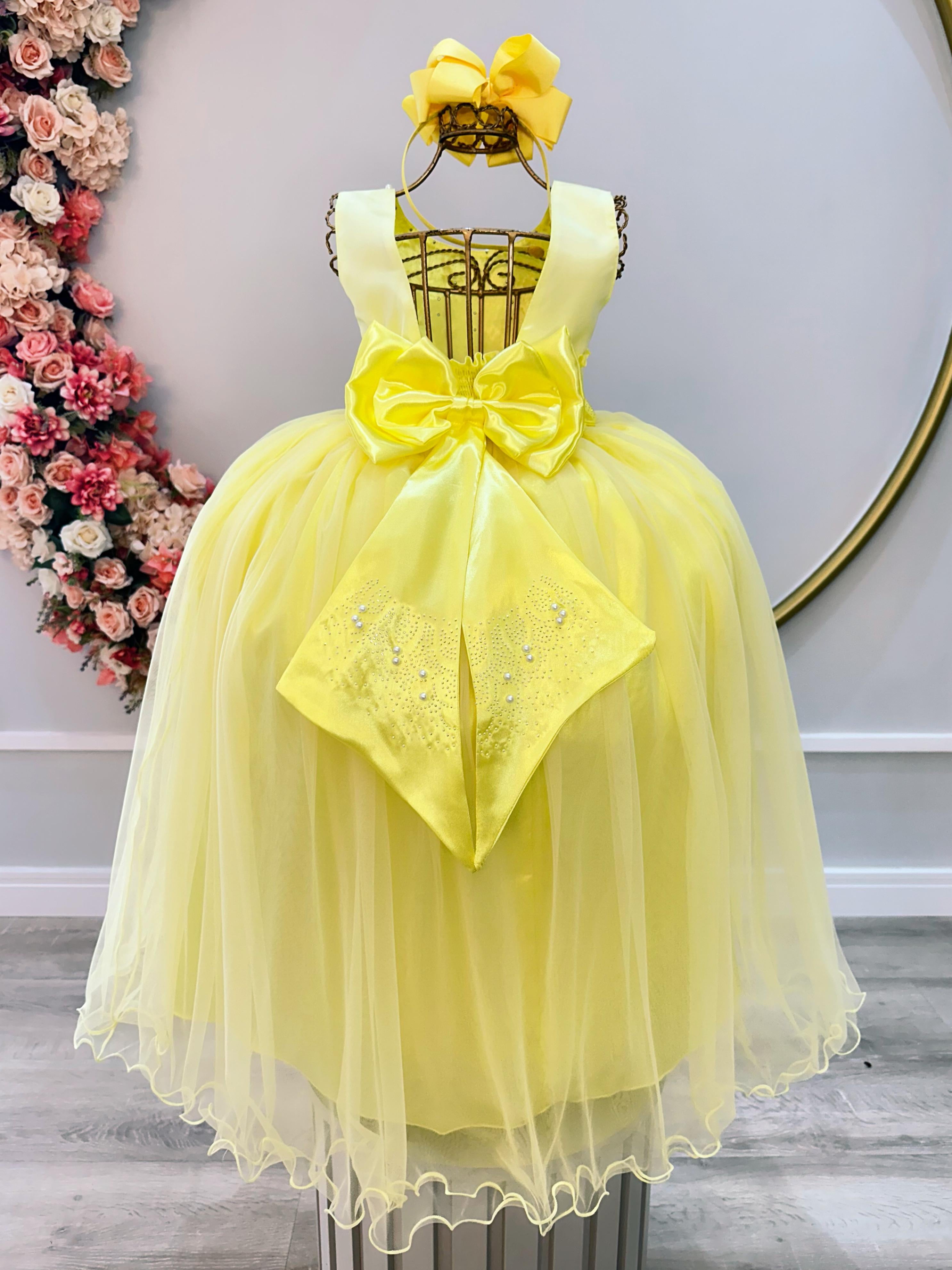 Vestido Infantil Amarelo Damas de Honra Longo Pérolas Strass