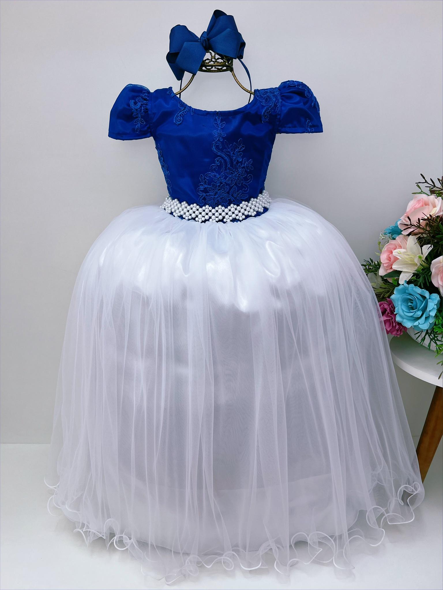 Vestido Infantil Azul Royal e Branco Damas Honra e Casamento