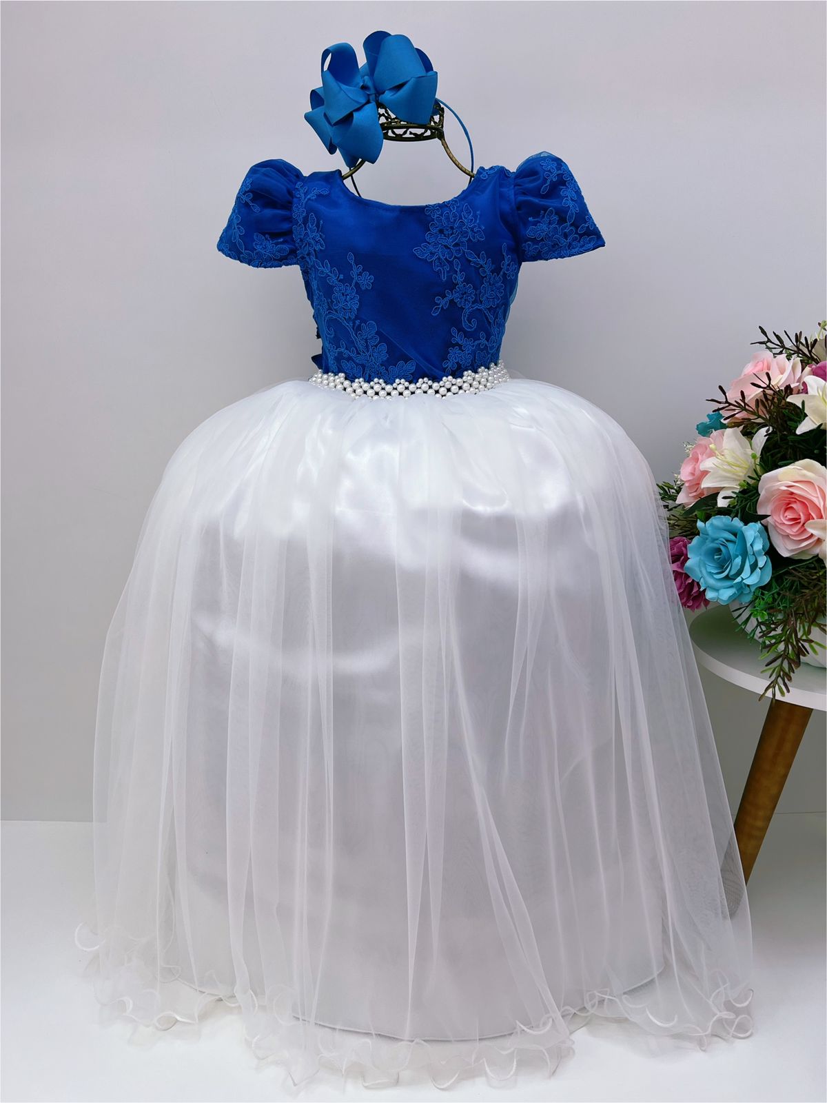 Vestido Infantil Azul Royal e OFF Damas Honra Casamento