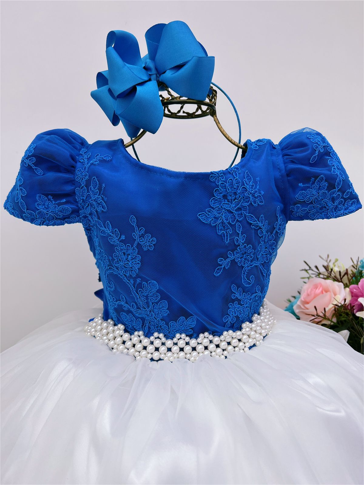 Vestido Infantil Azul Royal e OFF Damas Honra Casamento