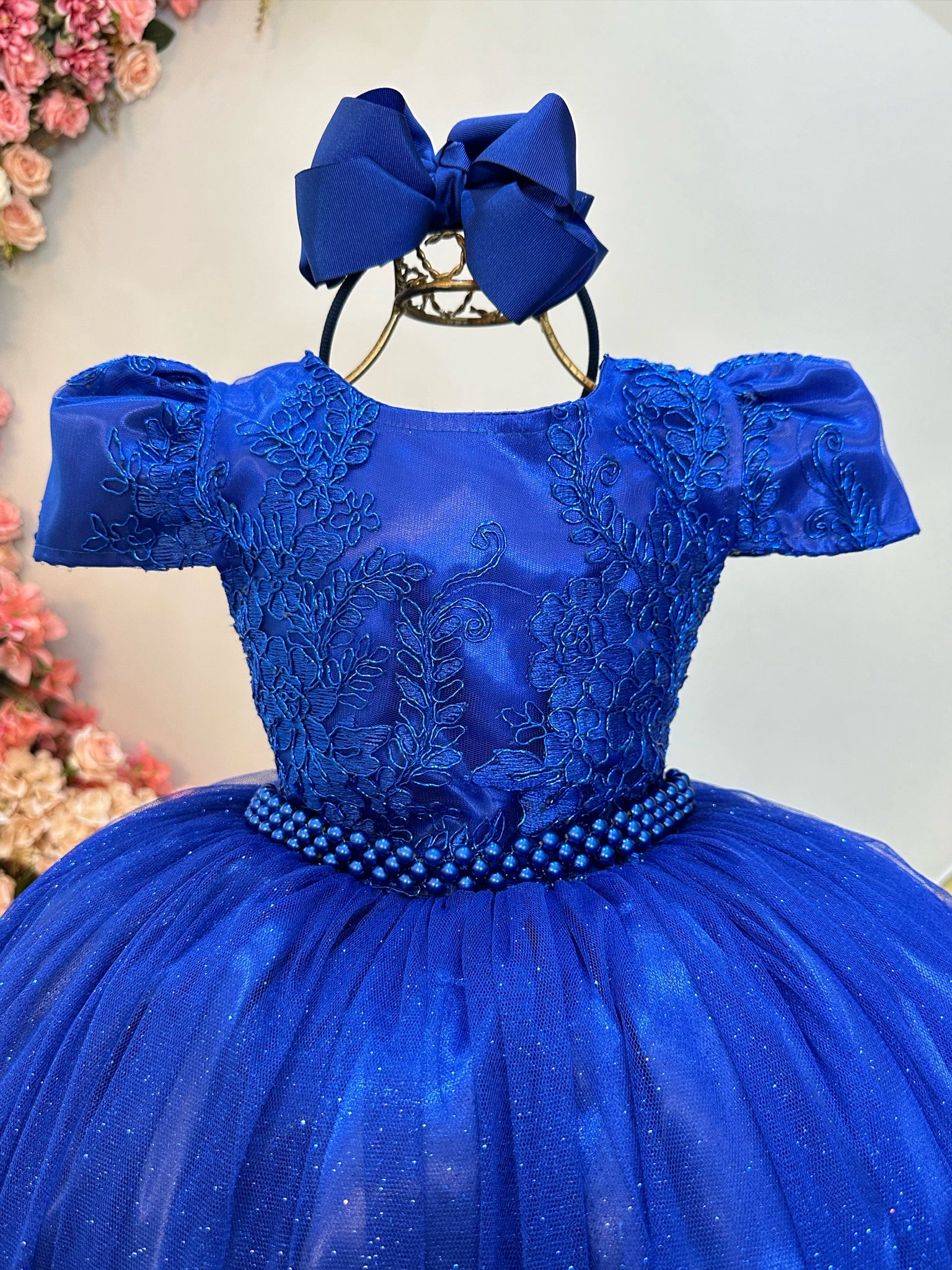 Vestido Infantil Azul Royal Longo Damas C/ Renda Casamento
