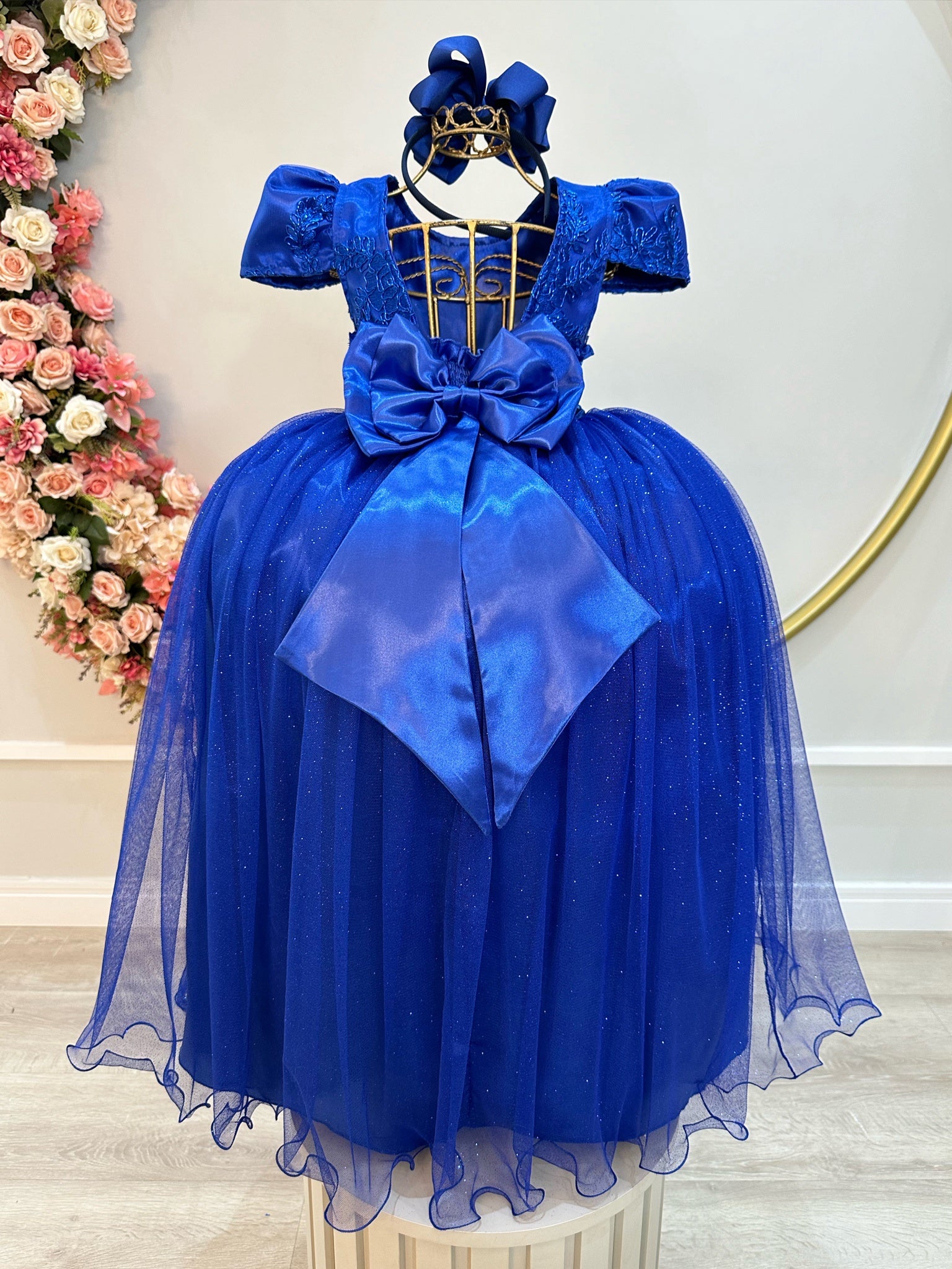 Vestido Infantil Azul Royal Longo Damas C/ Renda Casamento