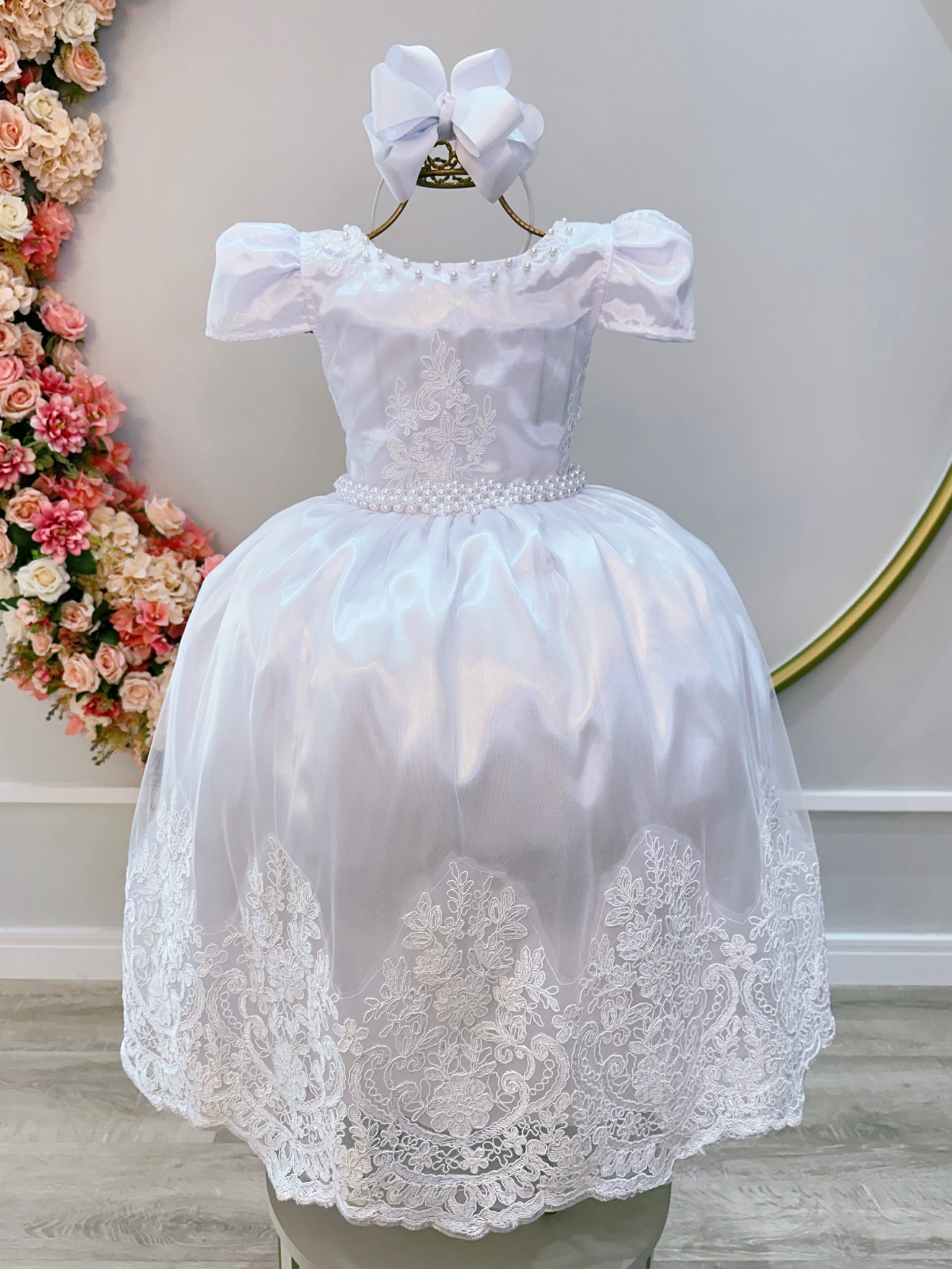 Vestido Infantil Branco C/ Renda Realeza Casamento Festas