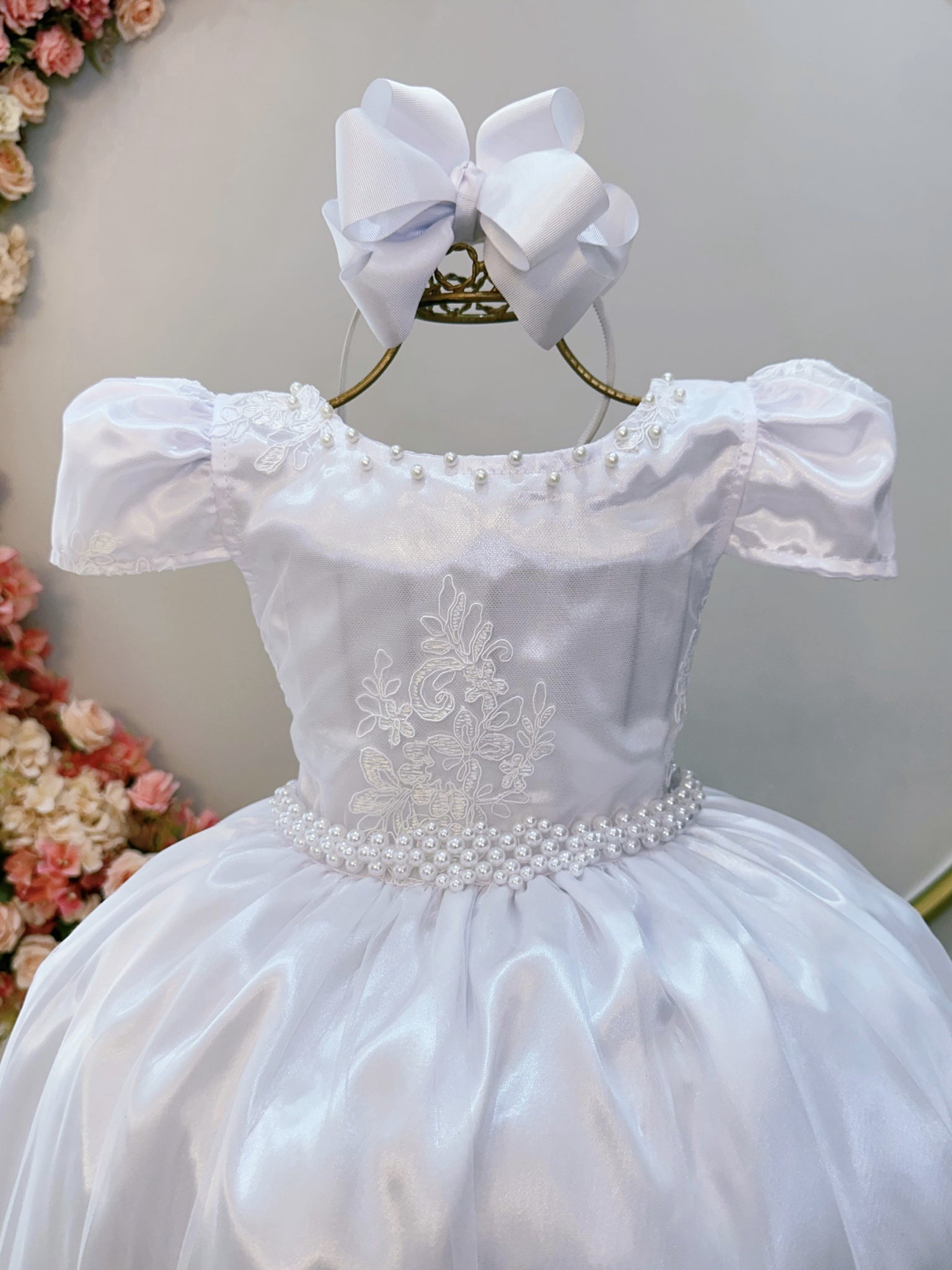 Vestido Infantil Branco C/ Renda Realeza Casamento Festas