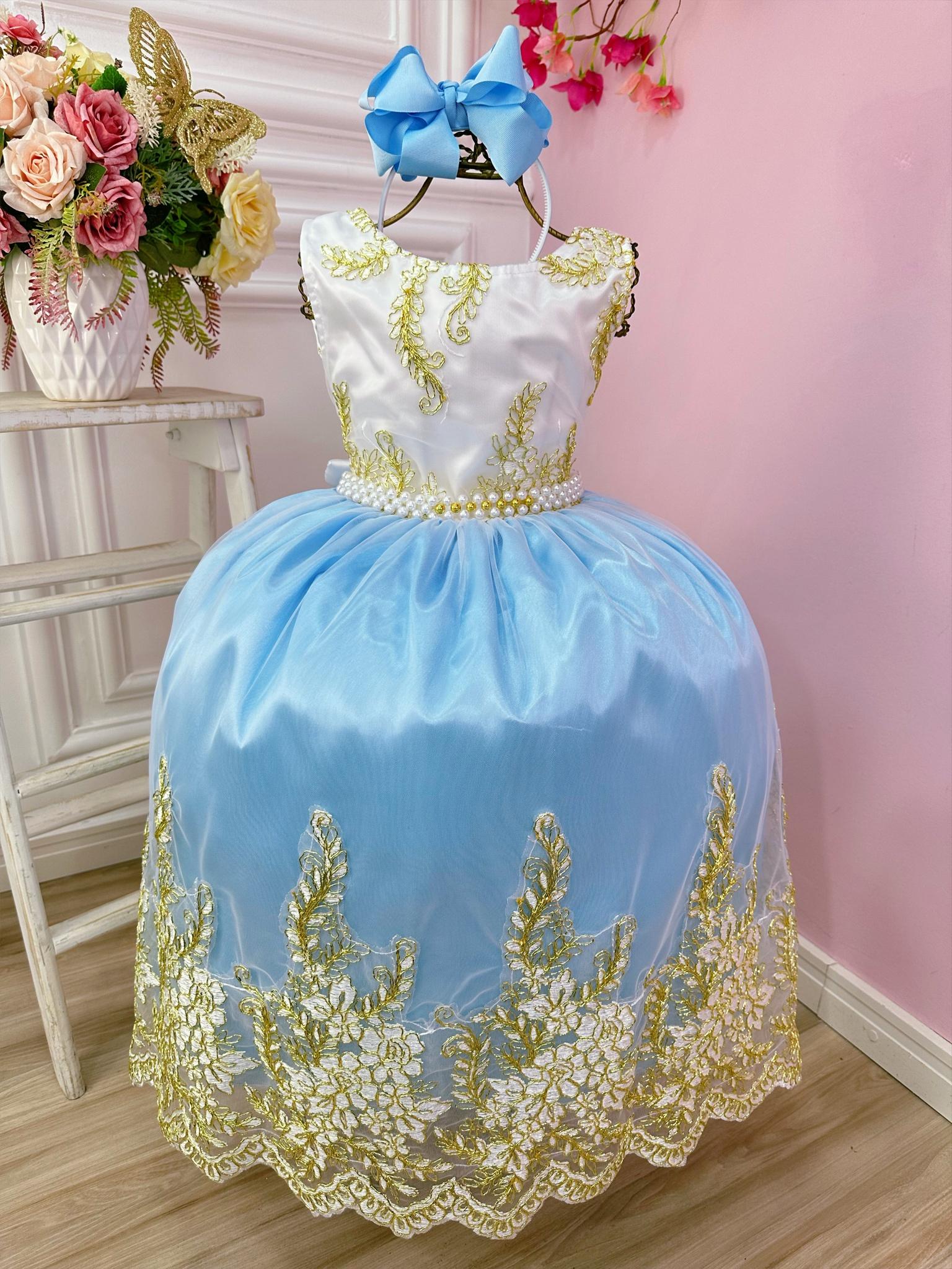 Vestido Infantil Branco Com Azul e Renda Realeza Damas