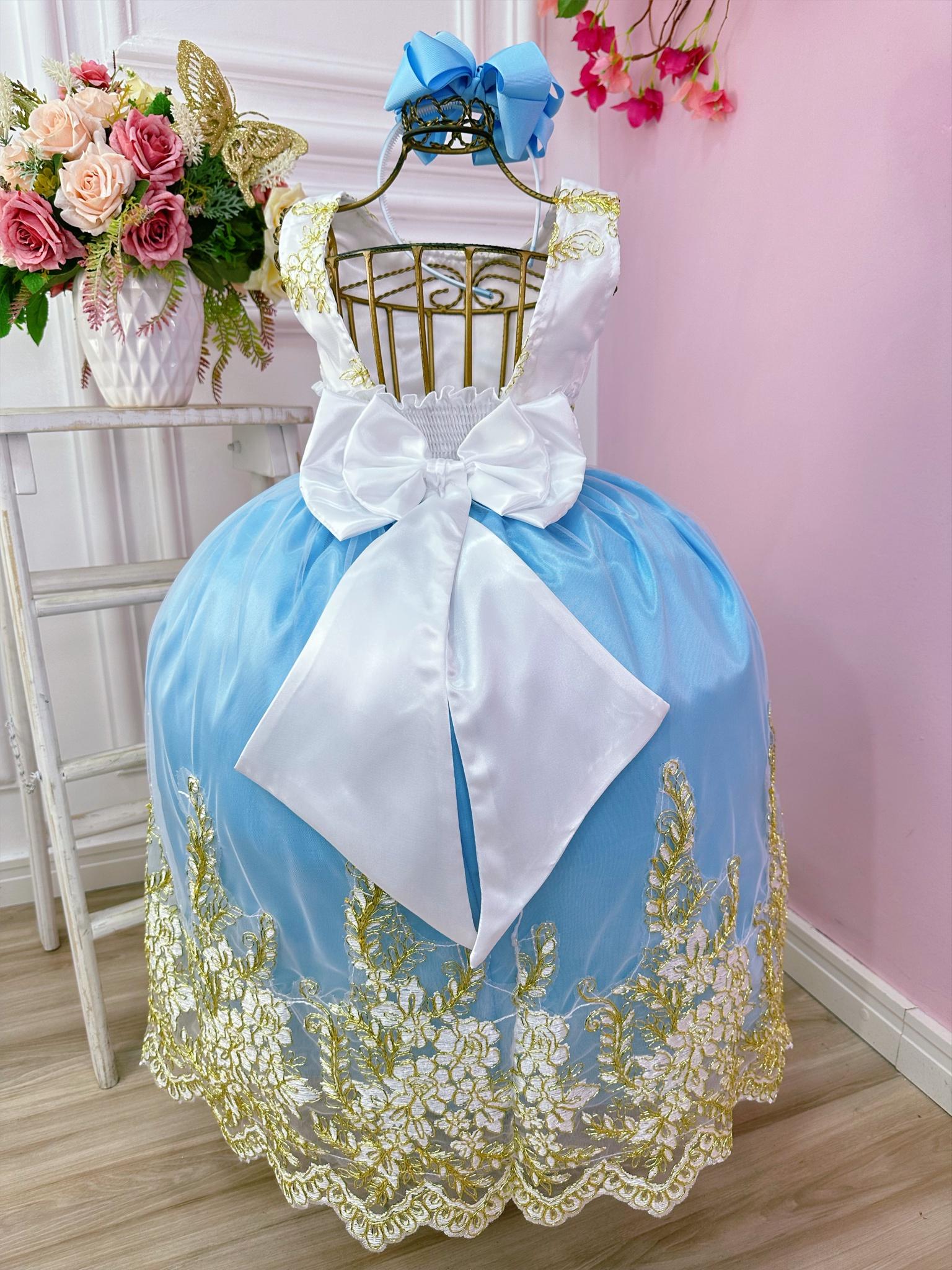 Vestido Infantil Branco Com Azul e Renda Realeza Damas