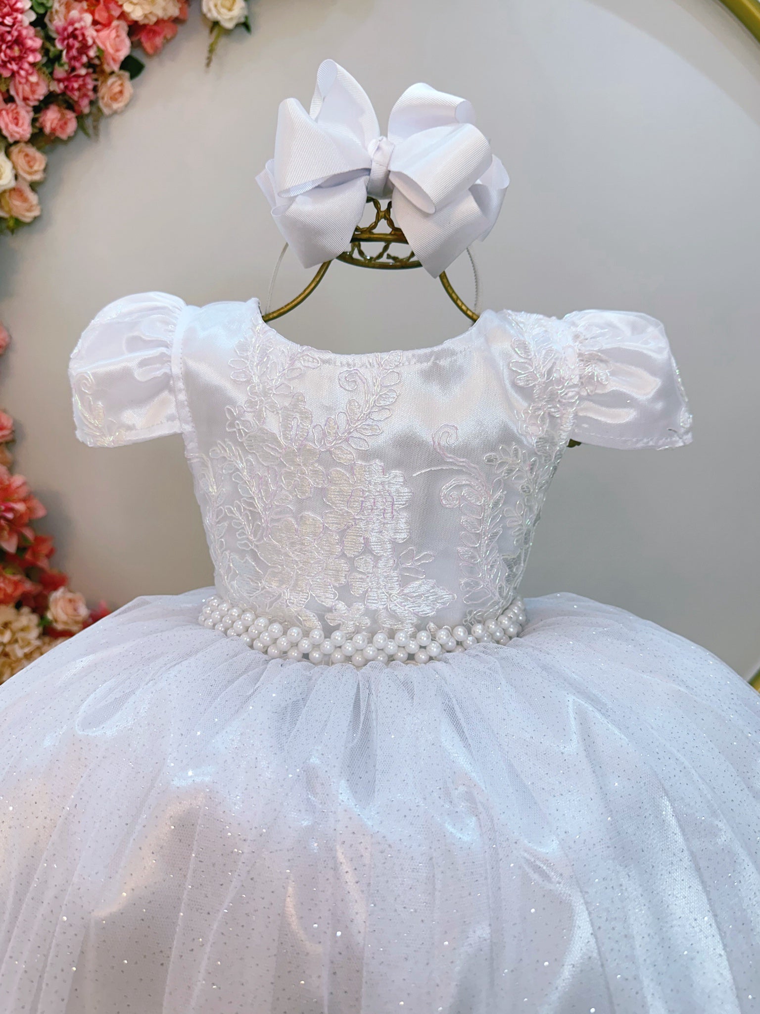 Vestido Infantil Branco Longo Damas Renda Realeza Metalizada