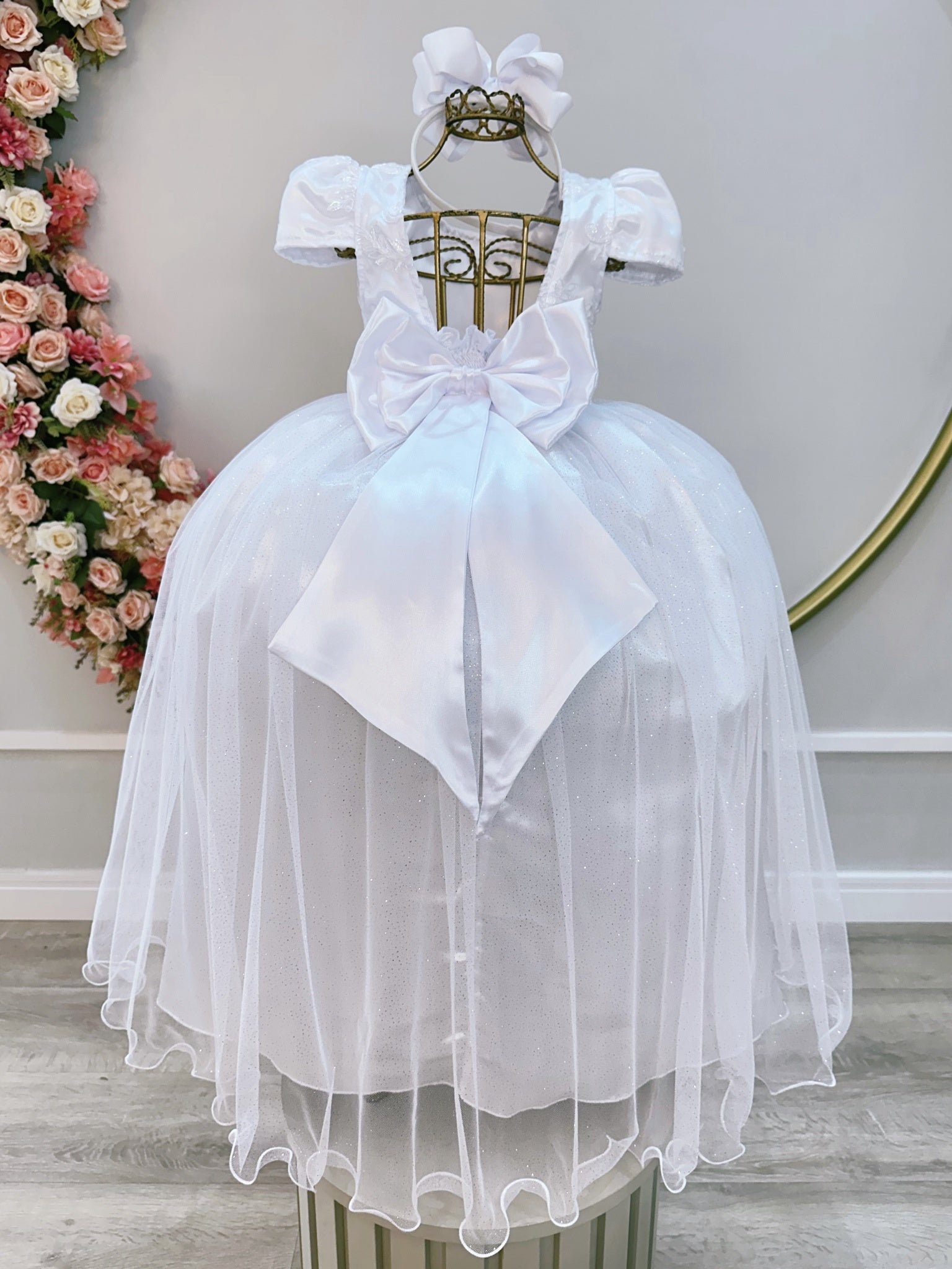Vestido Infantil Branco Longo Damas Renda Realeza Metalizada