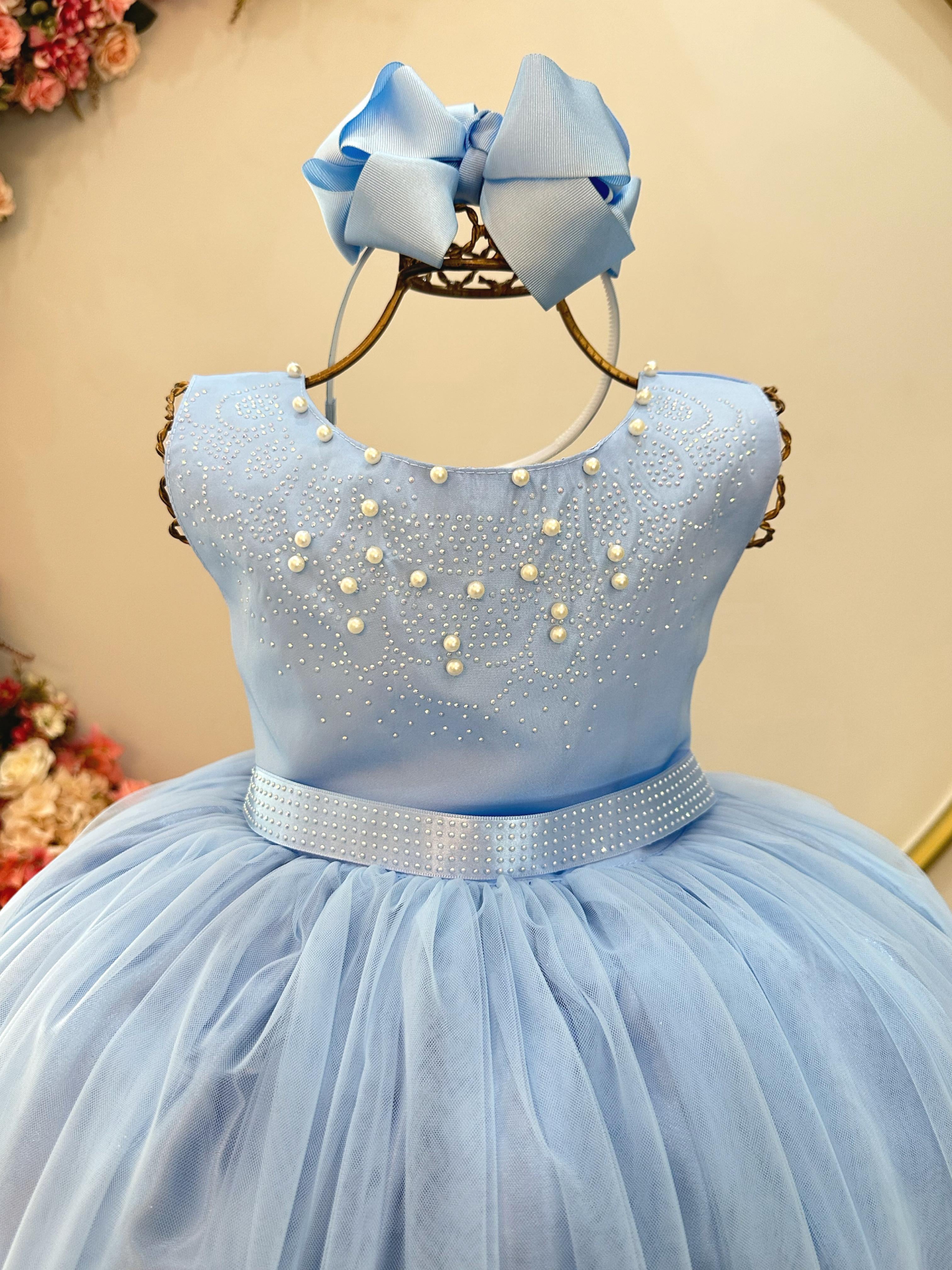 Vestido Infantil Damas de Honra Longo Azul Strass e Pérolas
