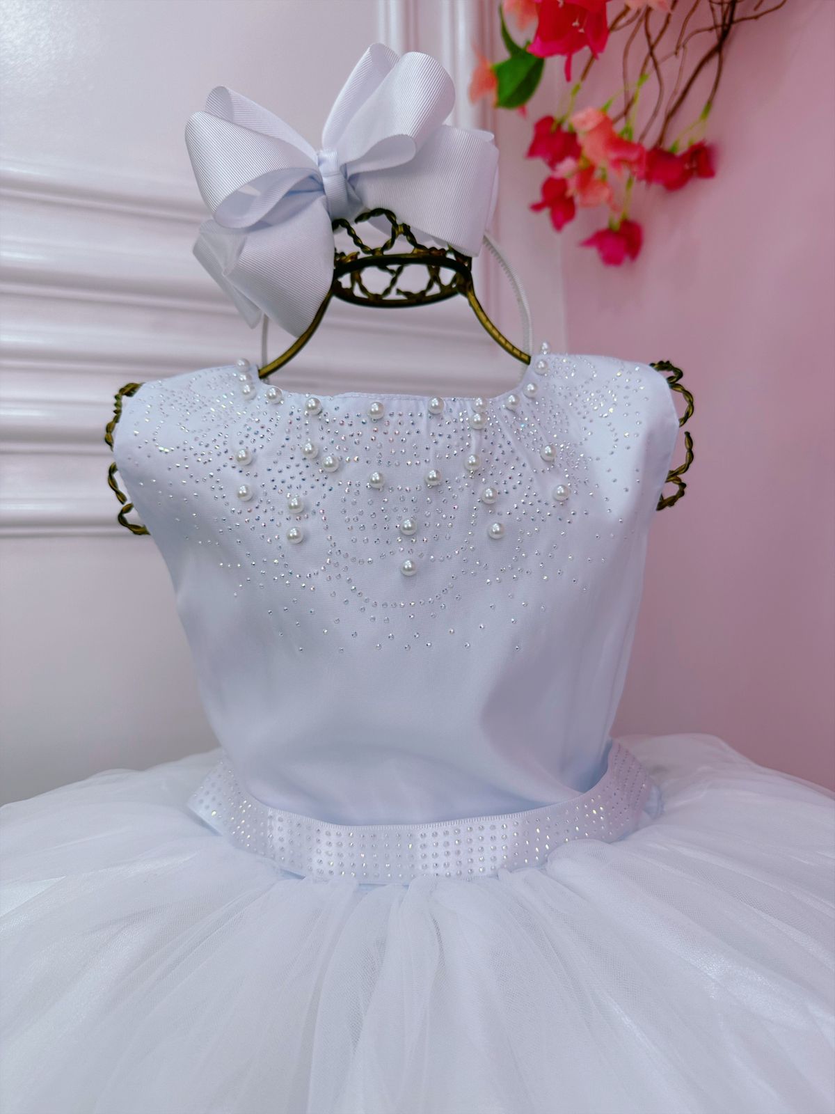 Vestido Infantil Damas de Honra Longo Branco Pérolas