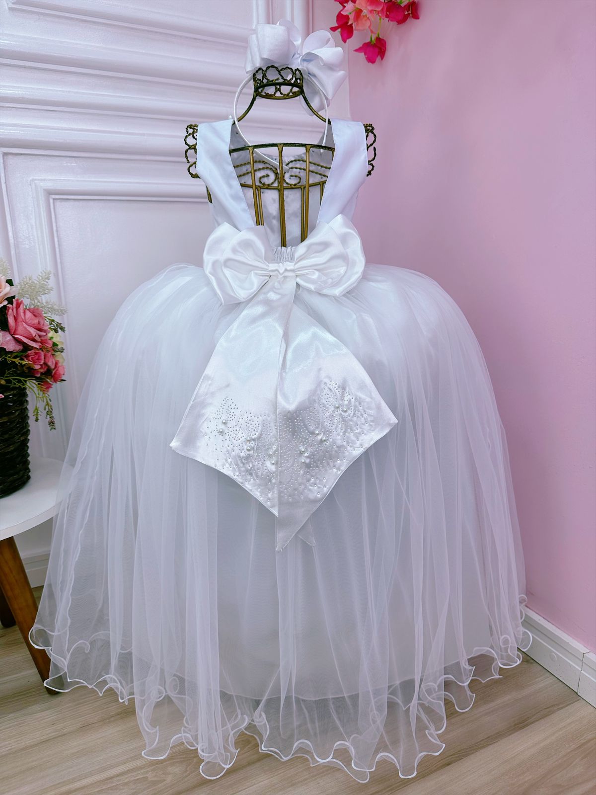 Vestido Infantil Damas de Honra Longo Branco Pérolas