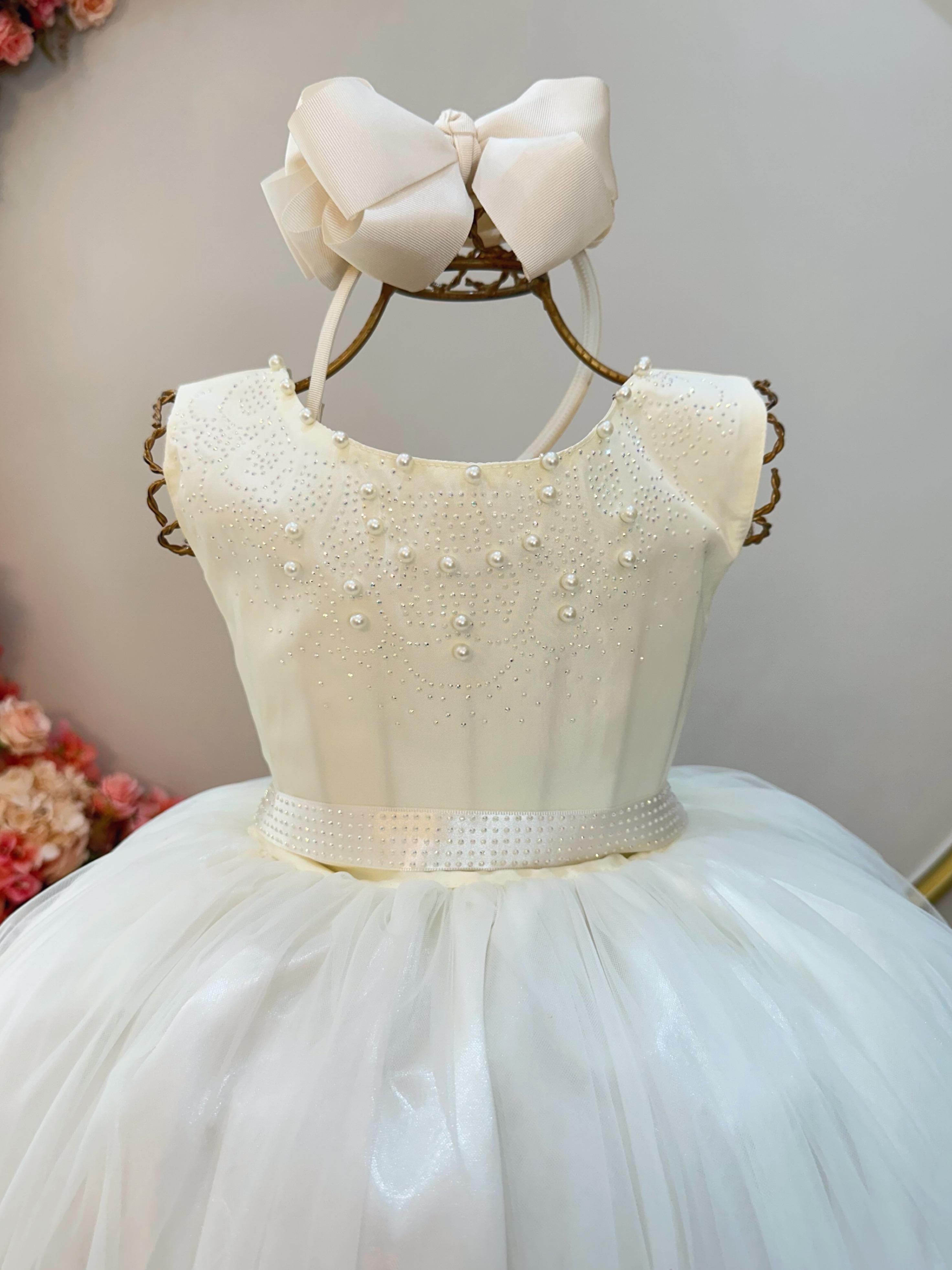 Vestido Infantil Damas de Honra Longo Marfim Claro Pérolas